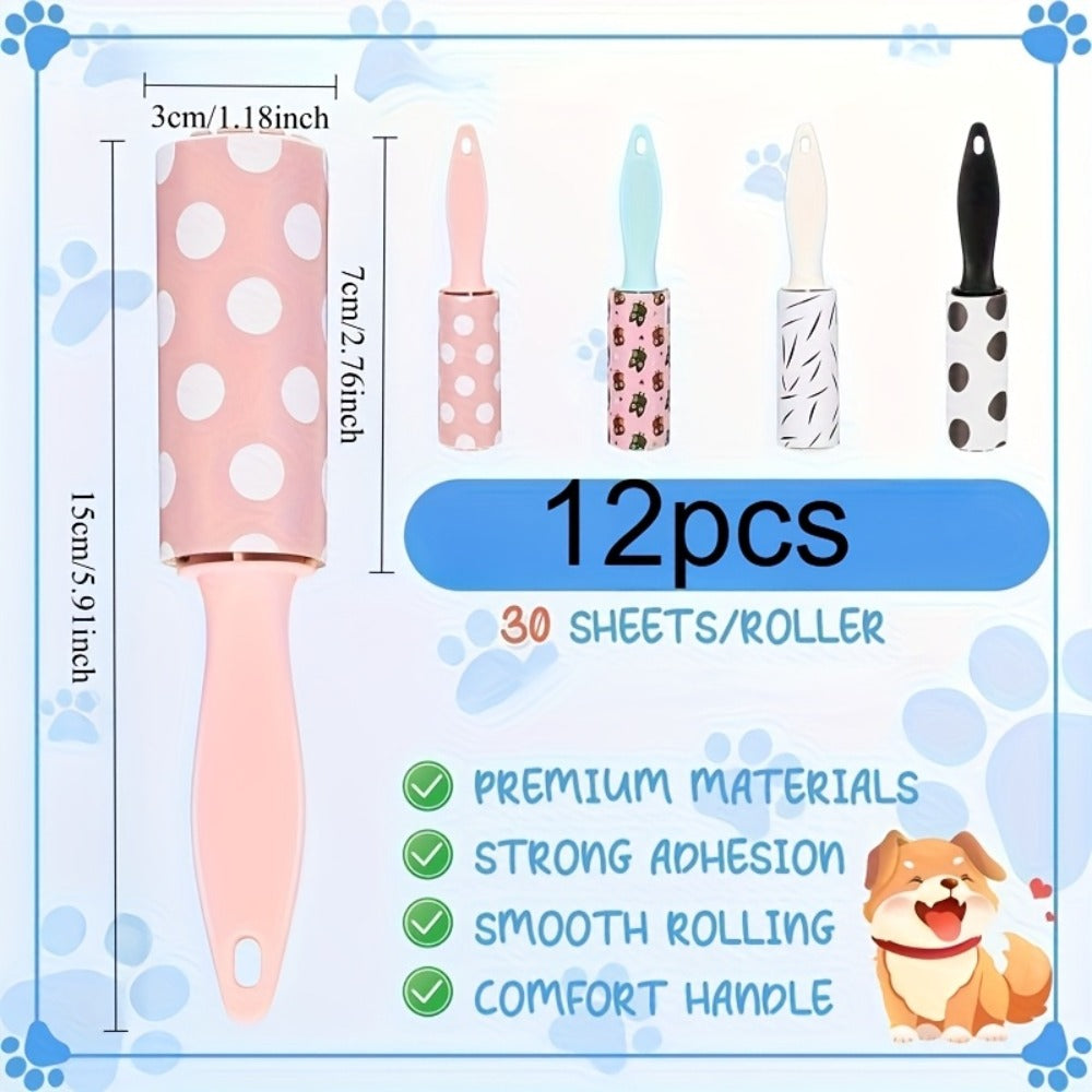 12-Piece Mini Portable Lint Roller Set with Patterned Covers for Clothing, Bags, Furniture and Travel