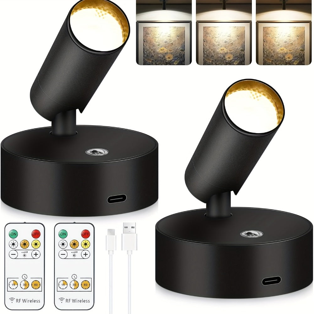 Rechargeable Indoor Spotlight LED – 3-Color Dimmable with Remote & Timer, 350° Adjustable, 2500mAh Battery, Magnetic Base Wall Accent Light for Pictures, Plants & Artwork (White / Black, 1 or 2 Pack)