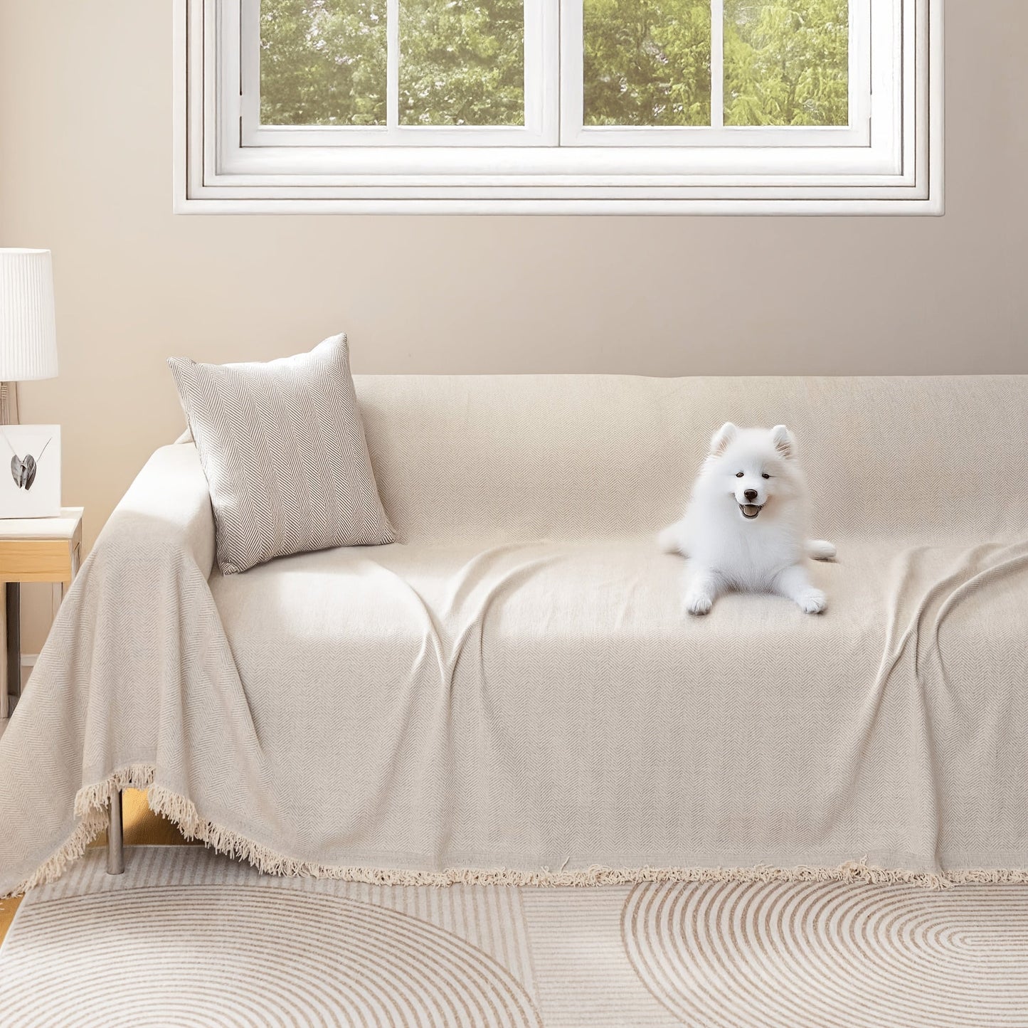 Sofa Cover Throw, Chenille Woven Fringe Slipcover in Three Colors for Three- and Four-Seat Couches