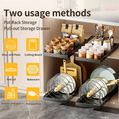 Pull-Out Pot and Pan Organizer with Sliding Cabinet Base, Eight Adjustable Dividers and One- or Two-Pack Options