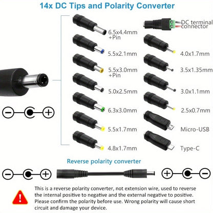 Adjustable 4–24V AC/DC Power Adapter with 48W Label, LCD Readout, Knob and Polarity Converter Set
