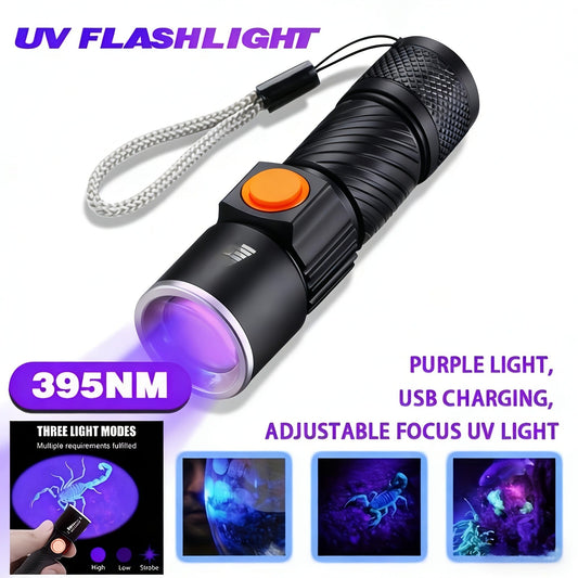 UV Flashlight Black Light 395nm USB Rechargeable - Ultraviolet Torch with 3 Modes for Pet Stain Detection, Bed Bug, Mold, Scorpion, Home & Outdoor Use