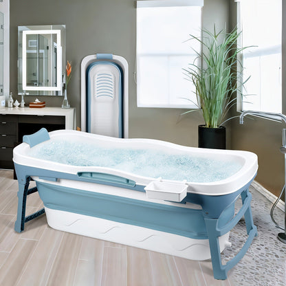 Rectangular Collapsible Adult Soaking Tub in Blue with Rigid Folding Frame, Thermal Cover and Drain Hose