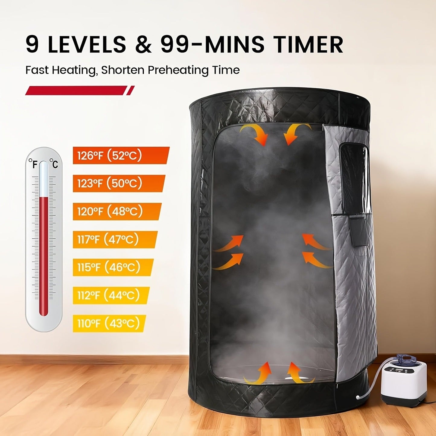 Home Steam Sauna Tent 1200W Personal Spa Box with 10-Min Fast Heating, 9 Heat Levels, 101oz Steamer, Folding Chair & Remote Control for Full Body Relaxation
