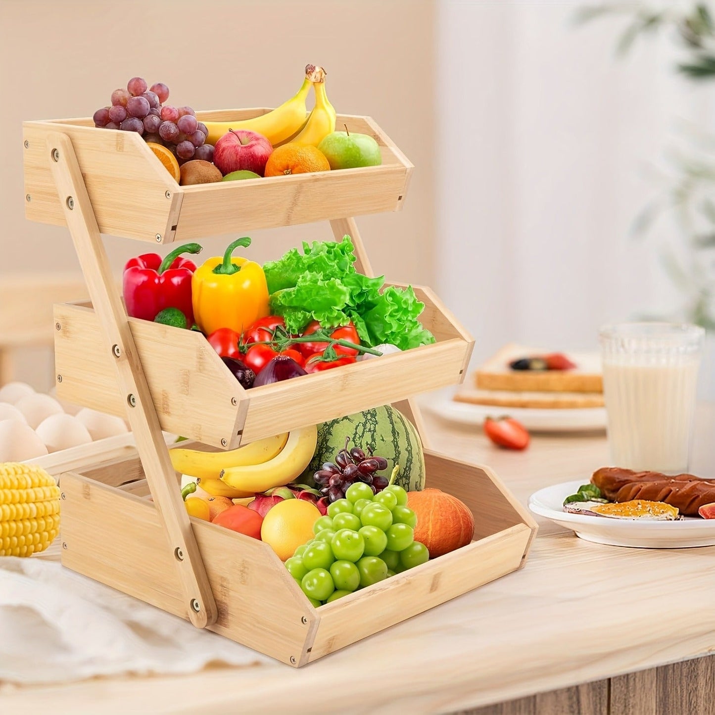 Slatted Countertop Produce Organizer in Two- or Three-Tier Checkout Options with Angled Open-Front Trays