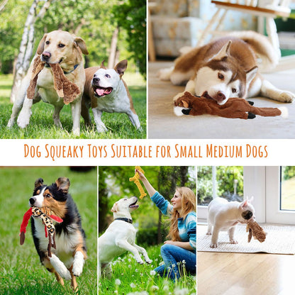 Dog Toys Five-Piece Stuffing-Free Plush Animal Set with Two Squeakers per Toy and Bonus Cotton Rope