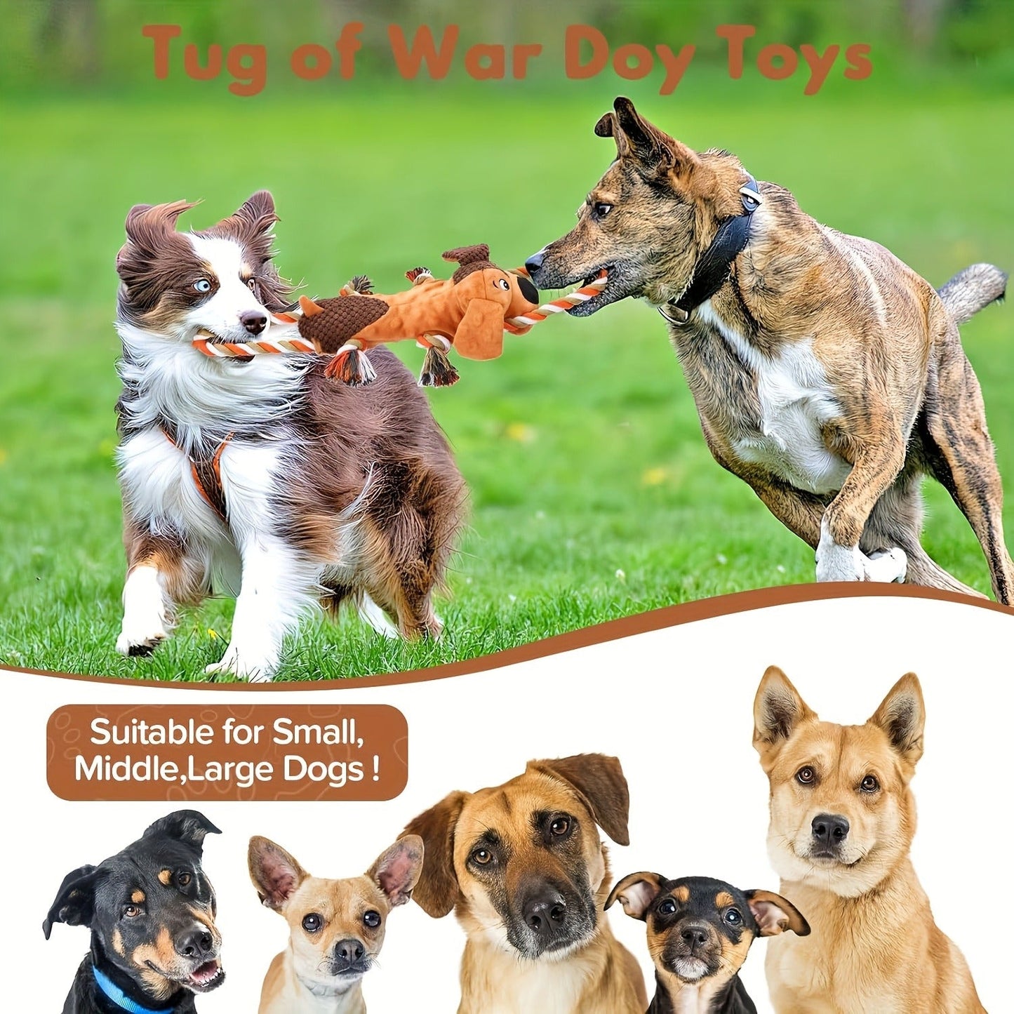 Dog Toy Plush Rope Animal with Squeaker, Crinkle Paper and Four Styles for Chew, Tug and Fetch Play