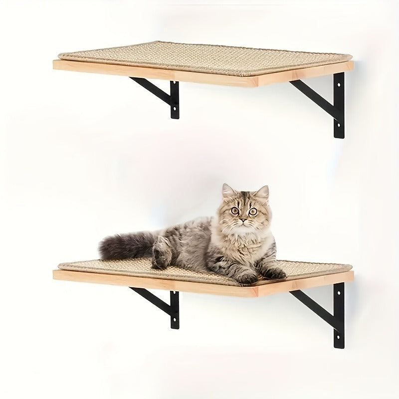 Sisal Mat Wall-Mounted Cat Climbing Frame with Hammock Wooden Perch Observation Platform Scratch Pad Indoor Cat Wall Furniture Resting Area
