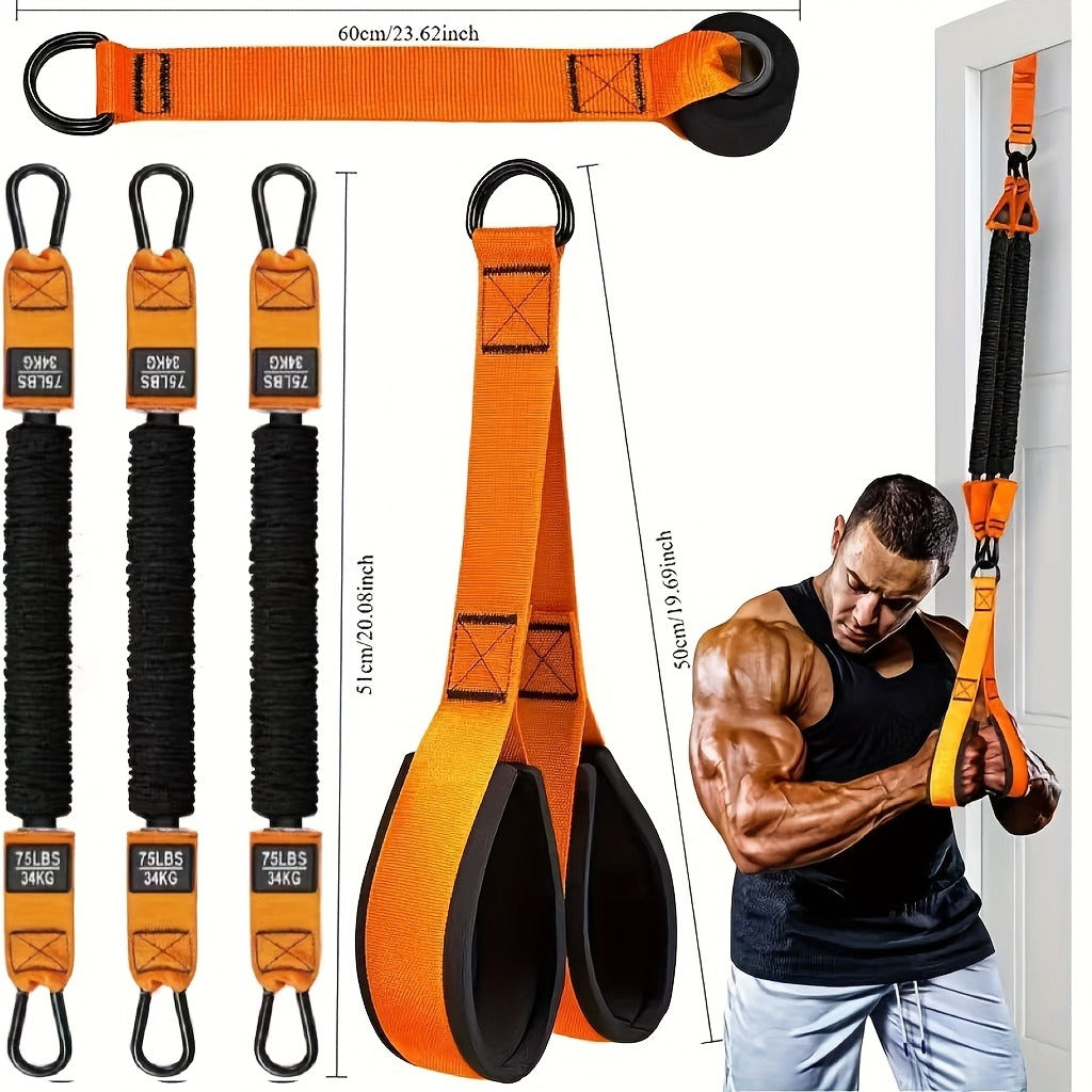 Orange Five-Piece Door-Anchor Resistance Band Set with Three Tubes, Door Anchor and Pictured Handles