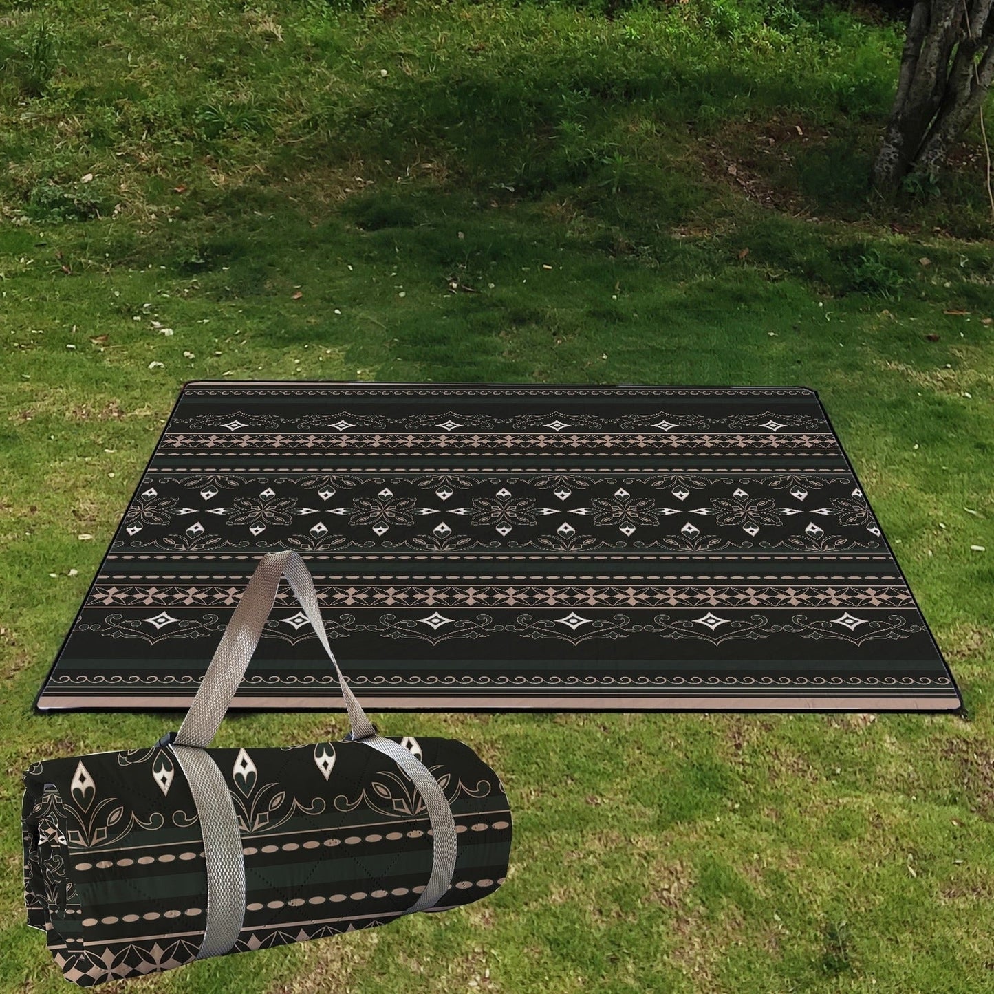Foldable Picnic Mat with Black Geometric Print, Carry Straps and Displayed 78 x 78-Inch Square Size