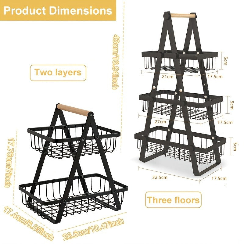 Tiered Fruit Basket with Removable Wooden Handles – 2 or 3 Tier Metal Kitchen Counter Organizer for Produce, Bread & Snacks