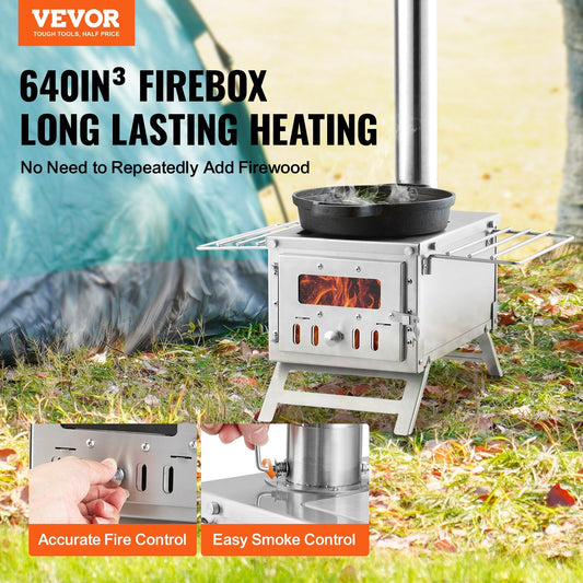 Wood Stove Camping Tent Stove 80 Inch Stainless Steel, 700in³ Firebox, 8 Accessories, BBQ Grill Plate, Chimney Pipes, Portable Outdoor Heating & Cooking, 11.71 lbs