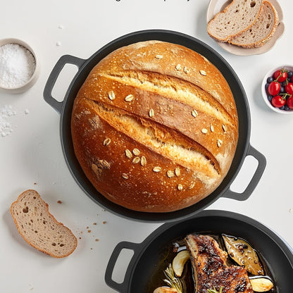 Pre-Seasoned-Labeled Cast Iron Dutch Oven with Reversible Skillet Lid, Trivet, Handle Covers and Scraper