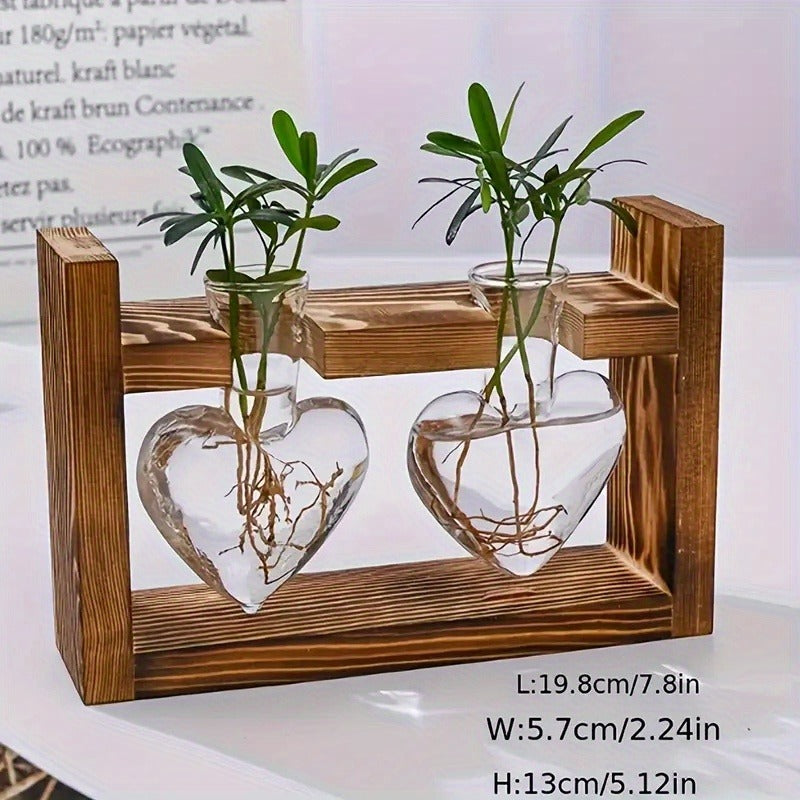 Heart-Bottle Propagation Vase with Wooden Frame in Single, Double or Triple Glass Vessel Options