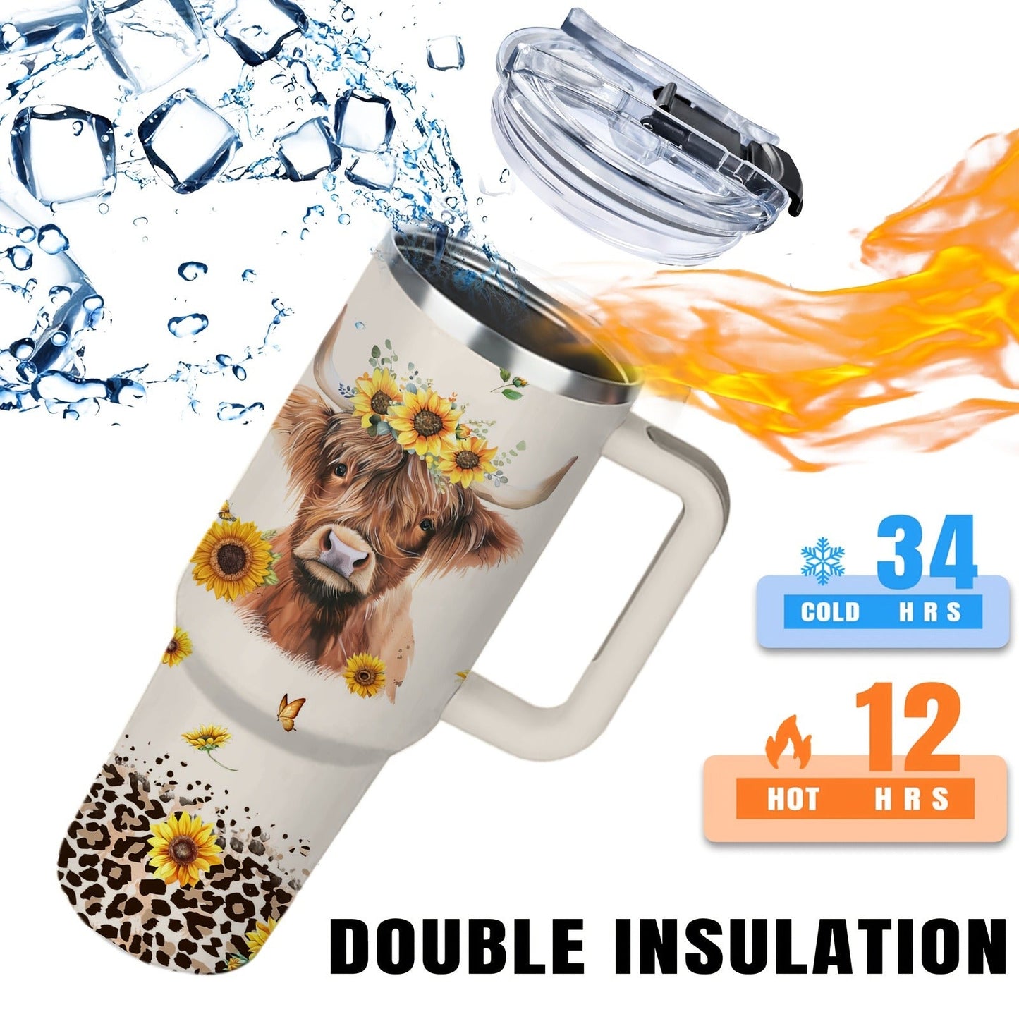 Insulated Tumbler 40oz Cow Print 304 Stainless Steel with Handle, Lid and Double-Wall Vacuum Design