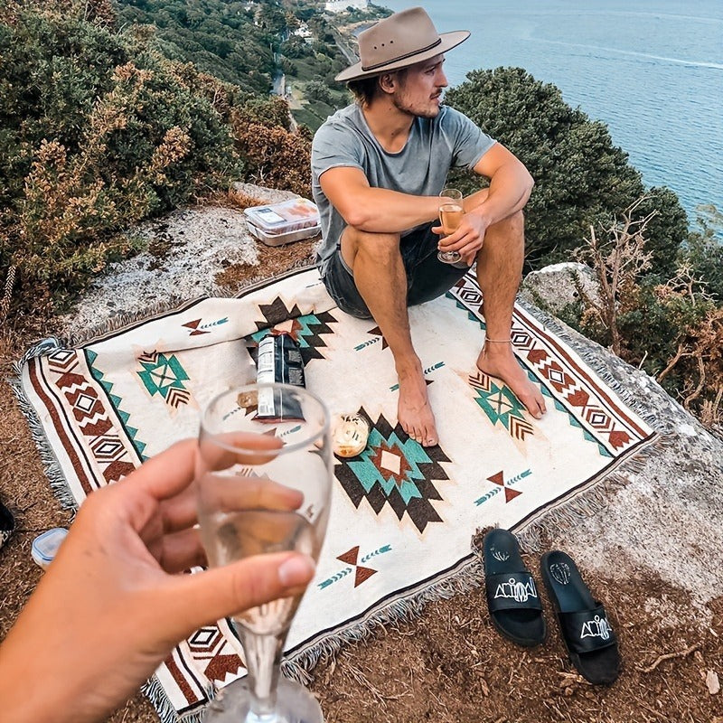 Woven Picnic Blanket with Cream Geometric Bohemian Pattern and 35.43 x 70.86 or 51.18 x 70.86-Inch Sizes