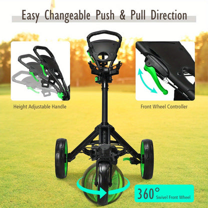 Golf Push Cart 3 Wheel Folding – Lightweight Aluminum Golf Trolley with Scoreboard, Adjustable Handle & Swivel Front Wheel