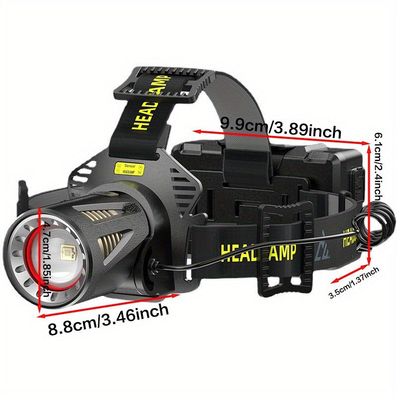 XHP360 Rechargeable Zoom Headlamp with IR Sensor, 500m Beam Label, 90° Tilt and Three 18650 Cells
