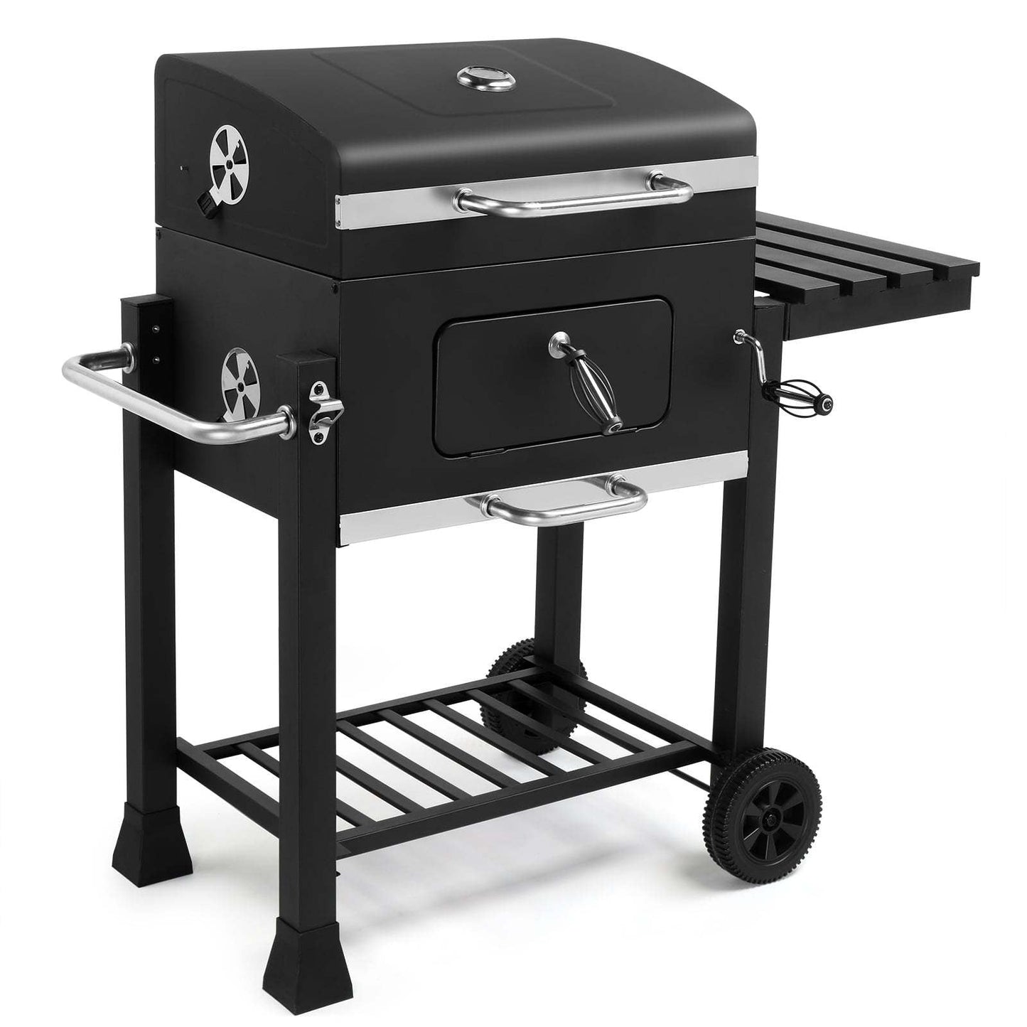 Large Charcoal Grill with Smoker, Height-Adjustable Charcoal Pan, Dual Air Dampers, Built-In Thermometer, Foldable Side Table & Wheels – Heavy-Duty Outdoor BBQ Grill for Patio & Backyard