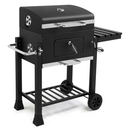 Large Charcoal Grill with Smoker, Height-Adjustable Charcoal Pan, Dual Air Dampers, Built-In Thermometer, Foldable Side Table & Wheels – Heavy-Duty Outdoor BBQ Grill for Patio & Backyard