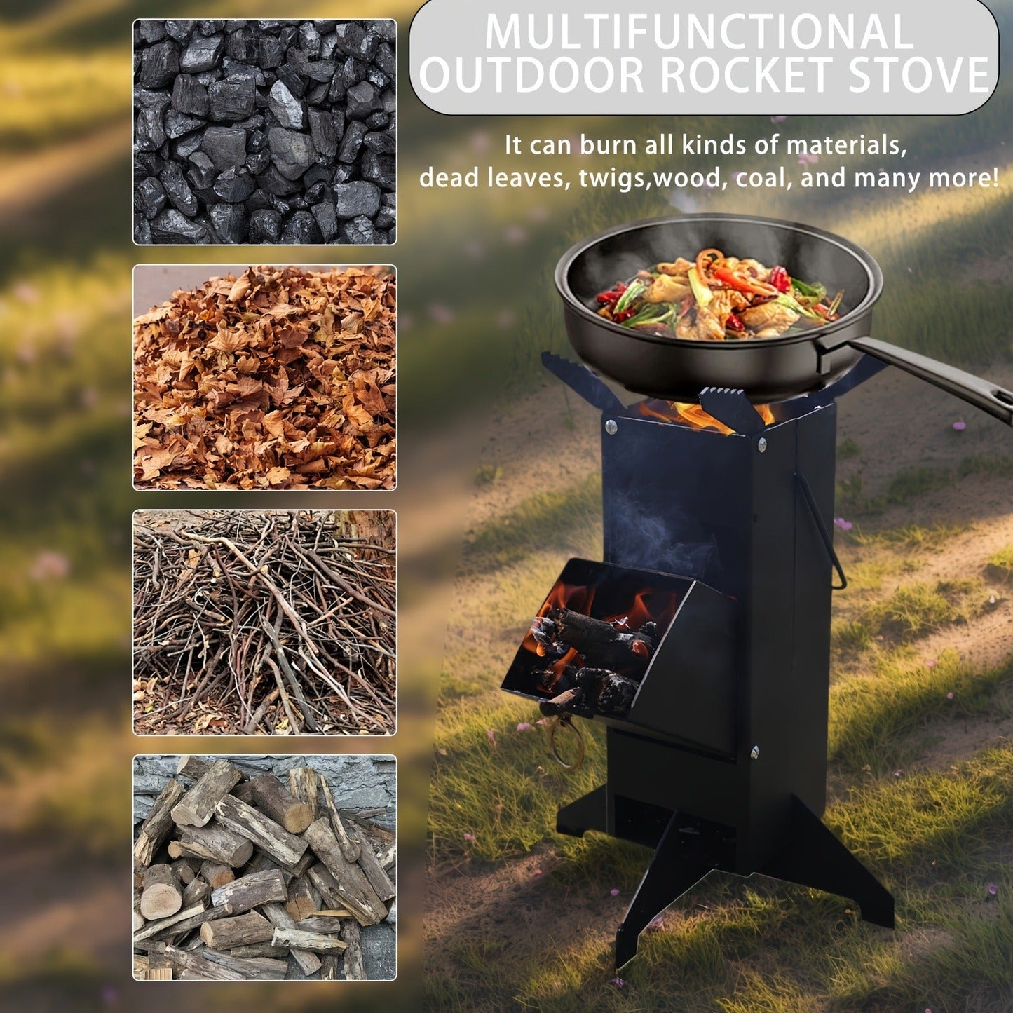 Black Rocket Stove with Detachable Side Feed Door, Four-Leg Base and Wood or Charcoal Fuel Configuration