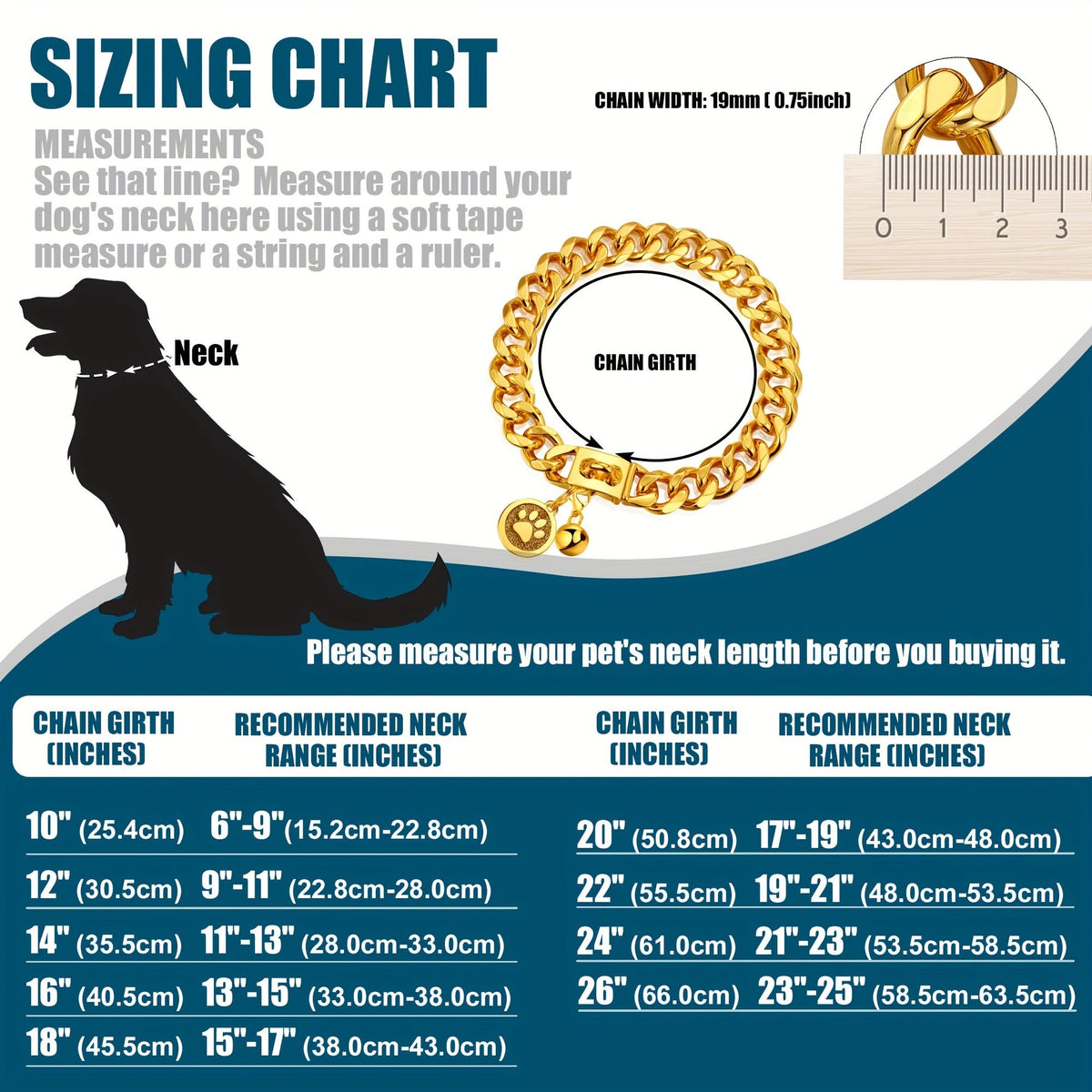 Gold-Color Cuban Link Dog Chain Collar with Paw and Bell Charms in Six Lengths from 16 to 26 Inches
