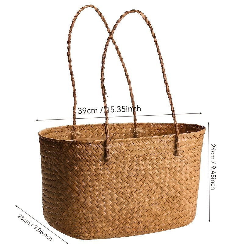 Straw Picnic Basket with Long Handles – Large Hand-Woven Vintage Shopping Basket for Beach, Outdoor Picnics & Rustic Home Decor Storage