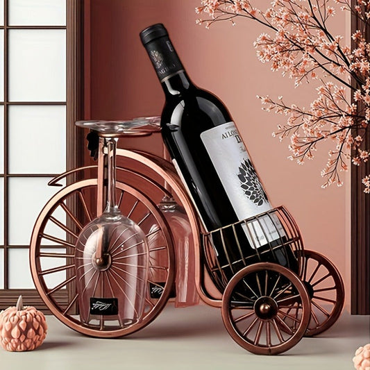 Wine Rack Bicycle Shaped - Holds 1 Bottle & 2 Glasses, Vintage Iron Bike Wine Holder for Home Decor, Tabletop Display, Parties & Gifts, Polished Finish