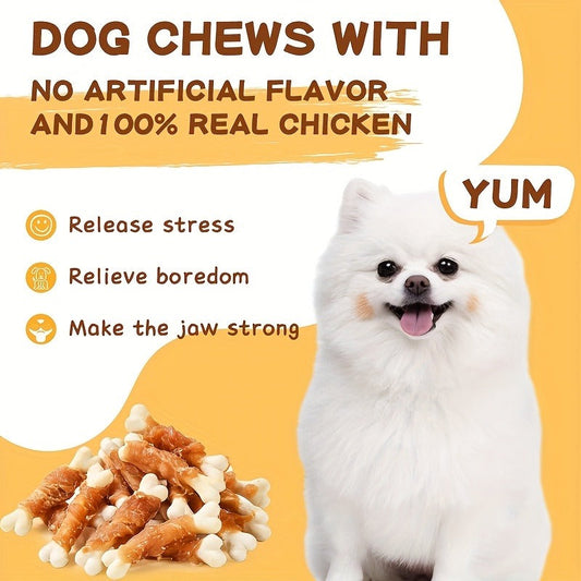 Dog Treats Chicken or Duck Wrapped Bone-Shaped Biscuits in Two-Pack Flavor Options for Reward Use