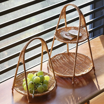 Tiered Serving Tray Rattan Style Round Multi-Layer Fruit Snack Display Stand for Parties Weddings Buffets Nuts Desserts Space-Saving Elegant