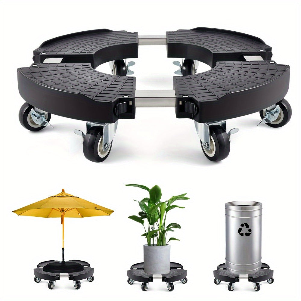 Adjustable Round Black Plant Caddy with Eight Lockable Casters for 8 to 22-Inch Pots and Containers