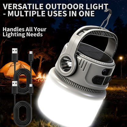 Solar LED Camping Light with Hook – 6 Modes, USB-C Rechargeable, 300LM, IPX4 Waterproof, Emergency Power Bank, Portable Tent Light for Camping, Hiking & Power Outages