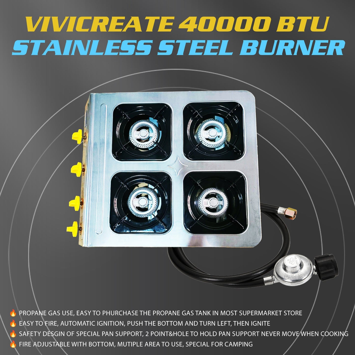 4 Burner Propane Stove 40000 BTU Auto Ignition Outdoor Gas Cooker for Camping Garden Fishing Hiking Restaurant Backyard Party Large Group Cooking Heavy Duty