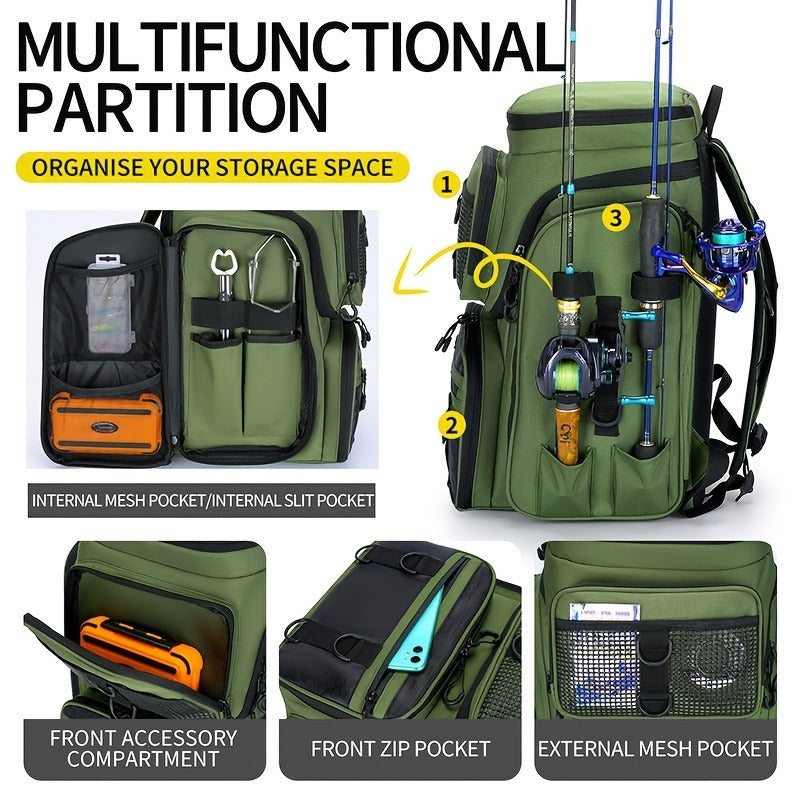 Black Camouflage Fishing Backpack with Twin Shoulder Straps, Front Zip Compartments and Side Rod Loops