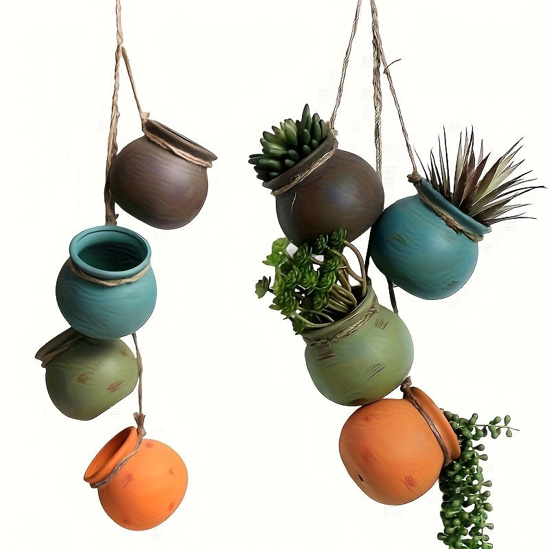 Four-Piece Geometric Hanging Planter Set with Hemp-Rope-Label Suspension and Four Earth-Tone Pot Colors