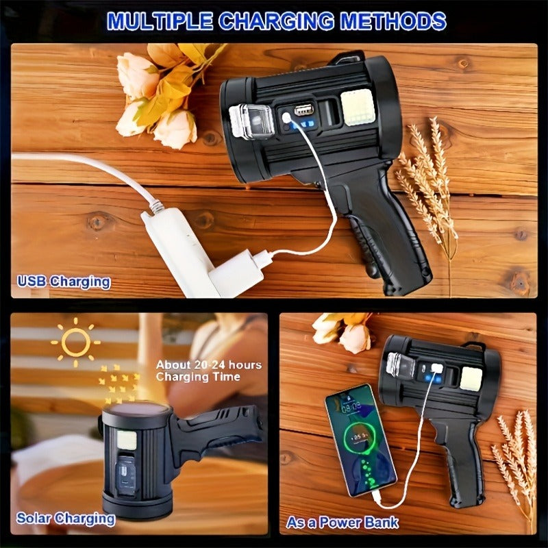 Flashlight IPX4 Solar and USB Rechargeable Searchlight with Six Modes and Three Color Filters