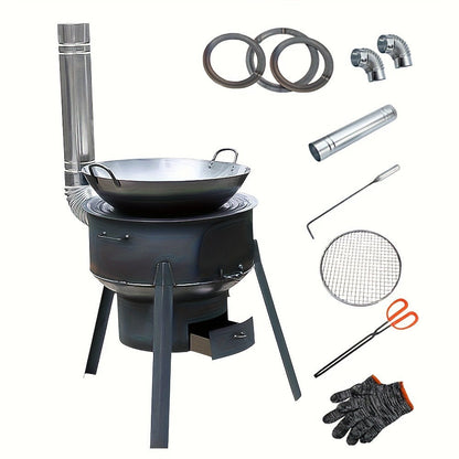 Outdoor Wood Stove with Chimney & Tripod, Heavy-Duty Metal Camping Stove for Backyard, Terrace & Campsite – Circular Design, Large Pot Compatible, 2 Sizes