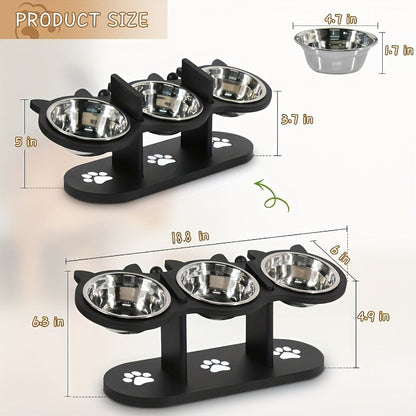 Elevated Cat Bowl Stand with Tilted Stainless Steel Bowls - Adjustable Raised Feeder, Anti-Spill, Black Wood Base for Cats & Small Dogs