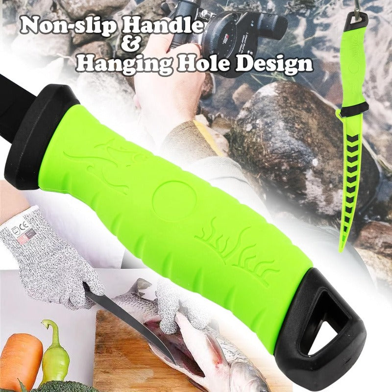 Three-Piece Stainless Steel Fishing Knife Set with 4.5 to 6.5 Inch Green-Handled Fillet Blades