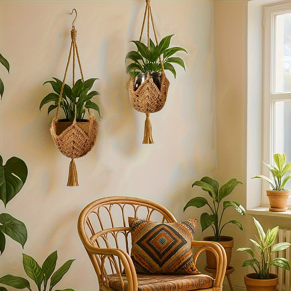 Macrame Plant Hanger with Tassels, Bohemian Cotton Rope Crochet Wall Basket, Indoor Outdoor Hanging Planter with Hooks, Boho Home Decor