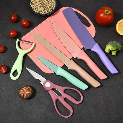 Kitchen Knife Set 7 Piece Stainless Steel Ergonomic Wheat Straw Handle with Cutting Board – Portable Camping Travel Chef Knives for Home Restaurant Outdoor Cooking Gift