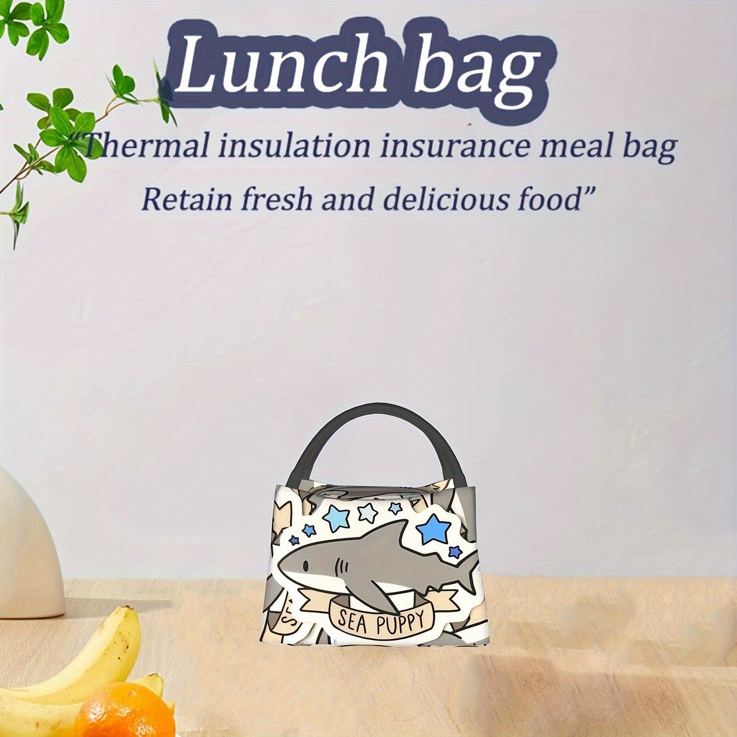 Gray Shark-Pattern Lunch Bag with Twin Handles, Zip Top and Structured Rectangular Carrying Shape