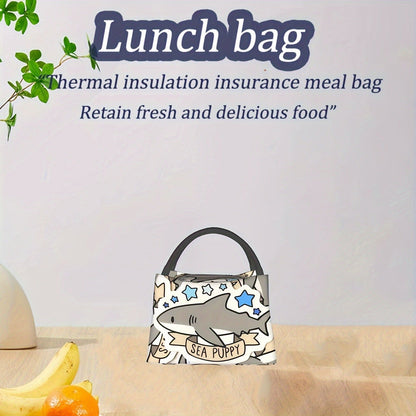 Gray Shark-Pattern Lunch Bag with Twin Handles, Zip Top and Structured Rectangular Carrying Shape