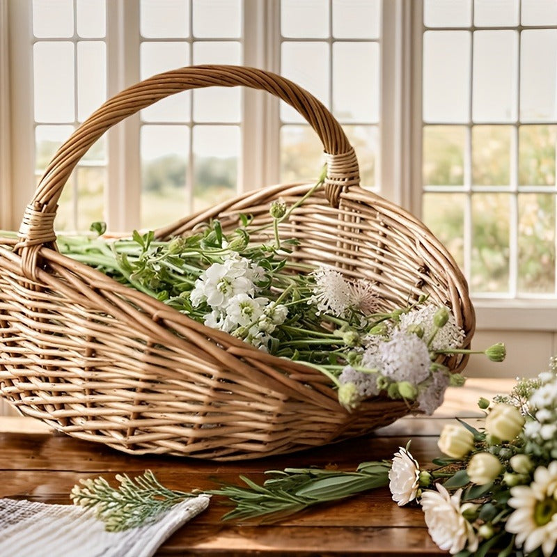 Wicker Storage Basket with Handles – Handcrafted Natural Seagrass Organizer for Home, Garden & Farmhouse Decor, Flowers, Produce & Blankets