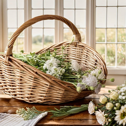 Wicker Storage Basket with Handles – Handcrafted Natural Seagrass Organizer for Home, Garden & Farmhouse Decor, Flowers, Produce & Blankets