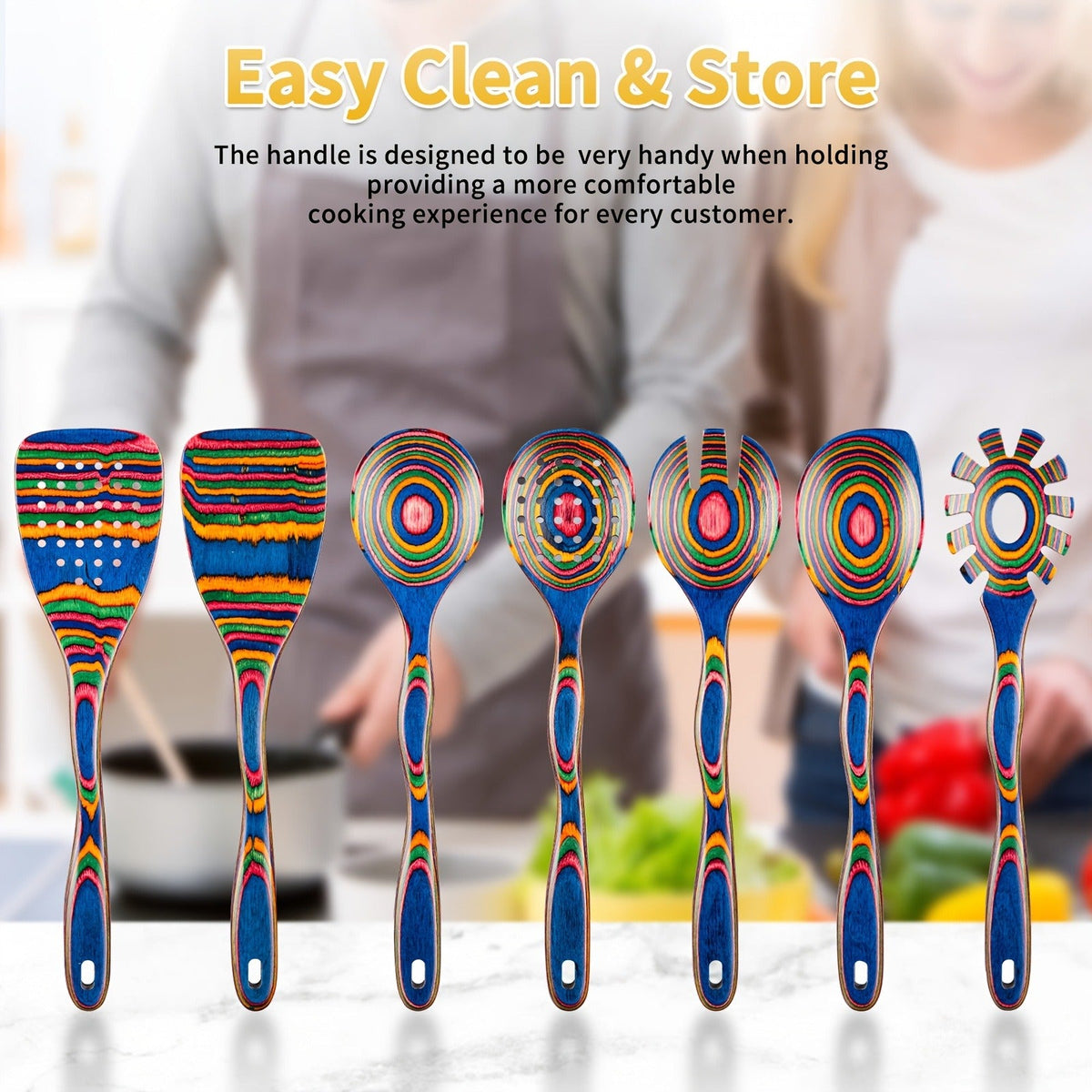 Pakkawood Kitchen Utensil Set 7 PCS, for Home Cooking, Dining and Outdoor Meals, with the Listed Configuration