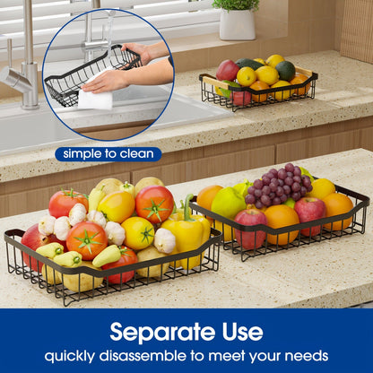 Fruit Basket with Banana Hook, 2 & 3 Tier Metal Stand, Removable Tiers, Wooden Handle, Kitchen Countertop Organizer for Fruits, Vegetables & Bread