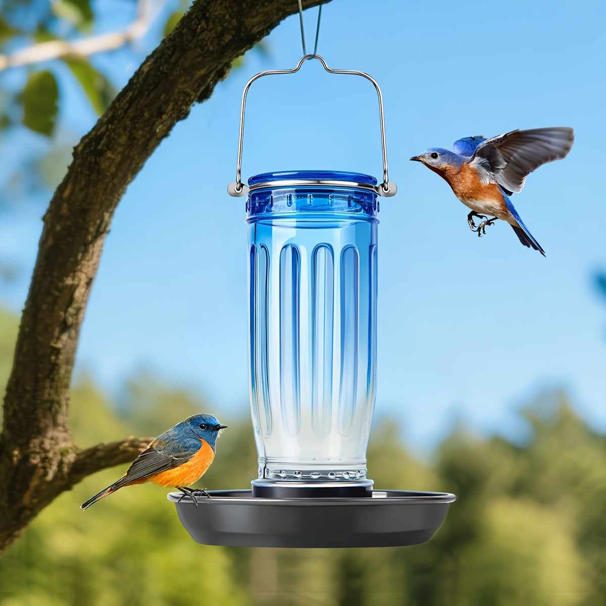 Bird Waterer Outdoor Hanging Glass Wild Bird Water Dispenser with Metal Handle - Gravity Fed Garden Yard Patio Tree Bird Feeder for Cardinals Blue Jays Finches Sparrows Bird Lover Gift