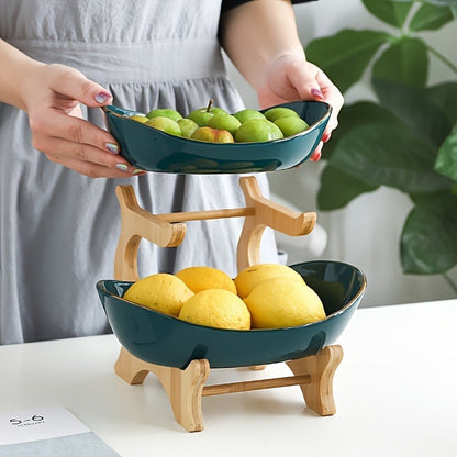 White or Green Countertop Display Stand with Two- or Three-Tier Curved Trays and Wood-Look Supports
