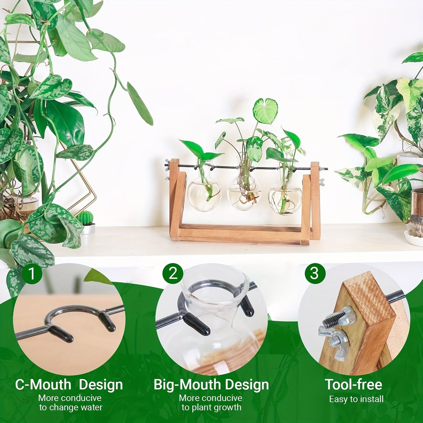 Three-Bulb Plant Propagation Station with Removable Glass Vases and 11-Inch Folding Wood Stand